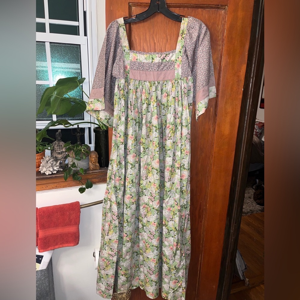 Vintage Lightweight Empire Waist Mixed Pattern Laura Ashley Inspired Dress EUC